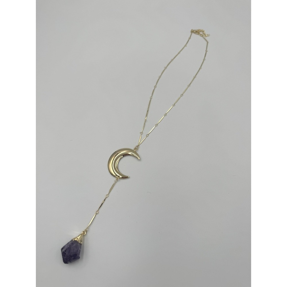 Gold Tone Crescent Moon Lariat Necklace with Raw Amethyst Crystal‎ Drop Pendant